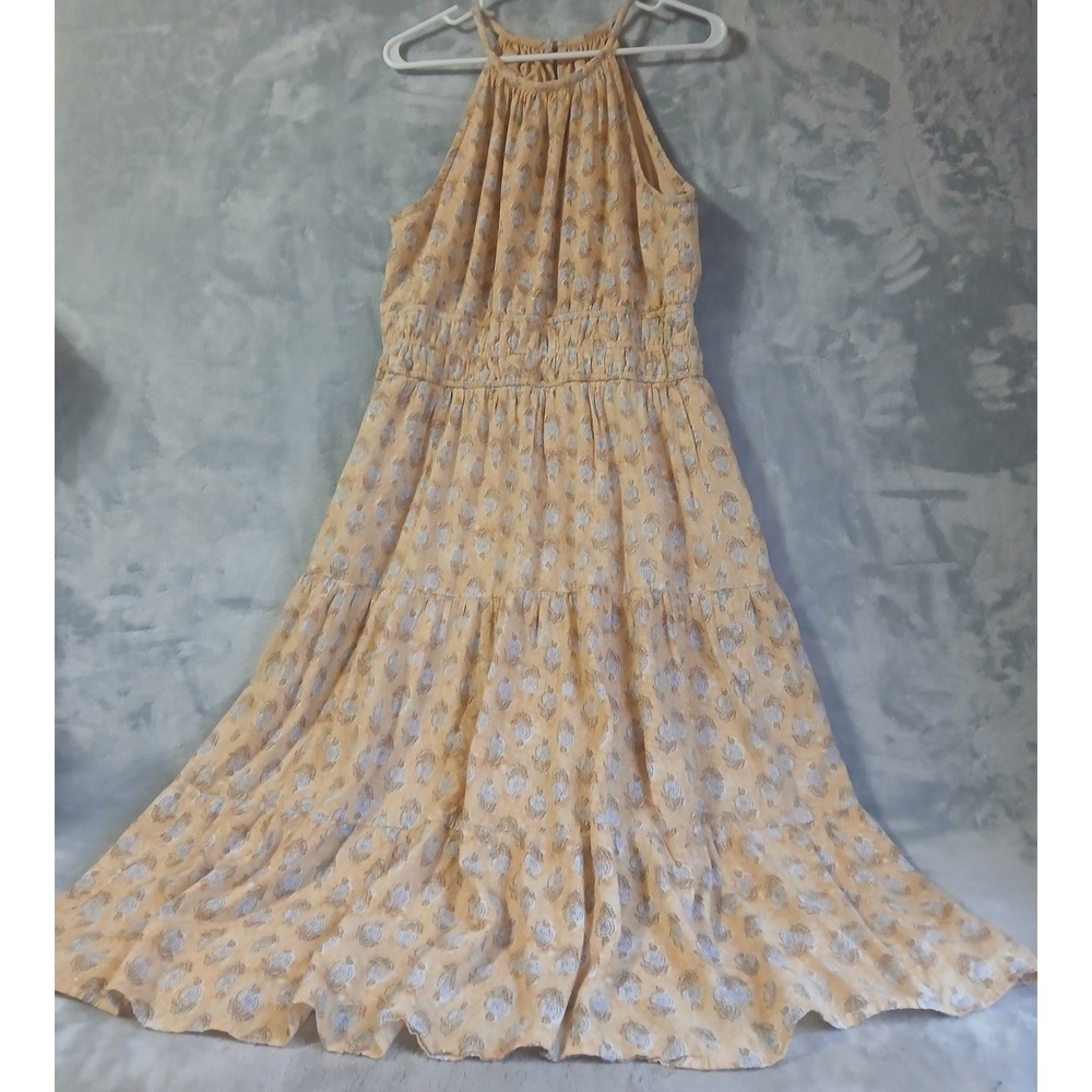 dRA Los Angeles Golden Yellow Floral Halter Tiered Midi‎ Dress Sz Large Smocked